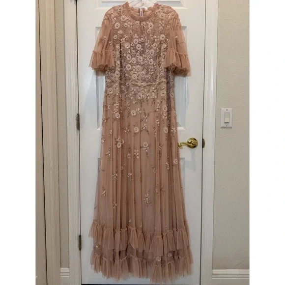 Mac Duggal 9199 Ruffled Floral Embellished Flutter Sleeve A-Line Gown Sz 16 NWT - Picture 4 of 12